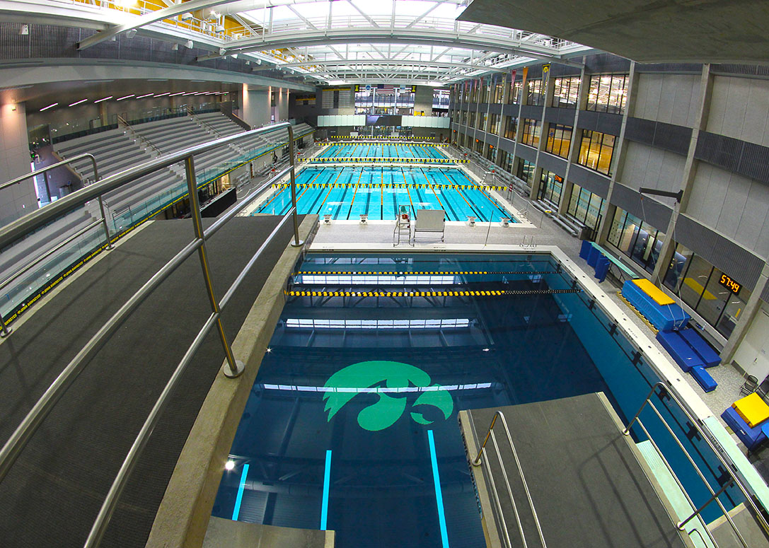 View of the diving well and pool from the top of the diving platform